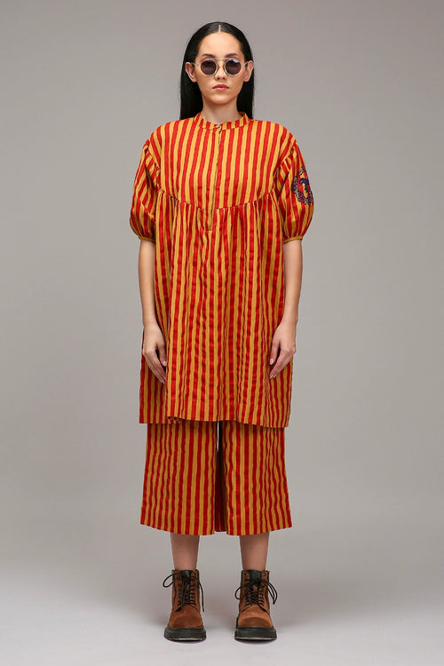 Tan-Brown Red Striped Short Acra Tunic Set