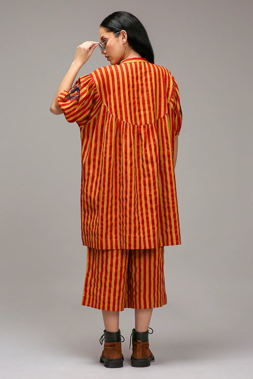 Tan-Brown Red Striped Short Acra Tunic Set