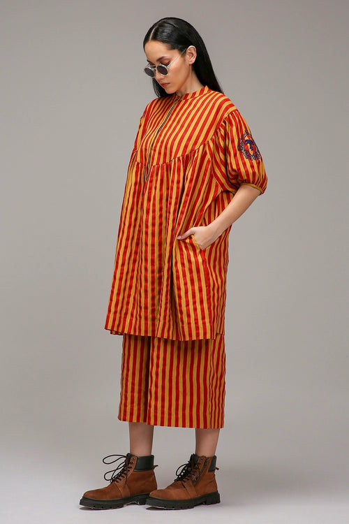 Tan-Brown Red Striped Short Acra Tunic Set