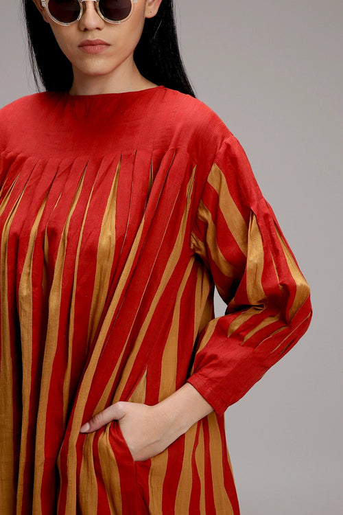 Tan-Brown Red Striped Balloon Dress