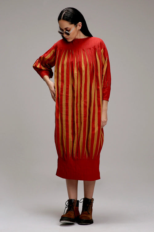 Tan-Brown Red Striped Balloon Dress