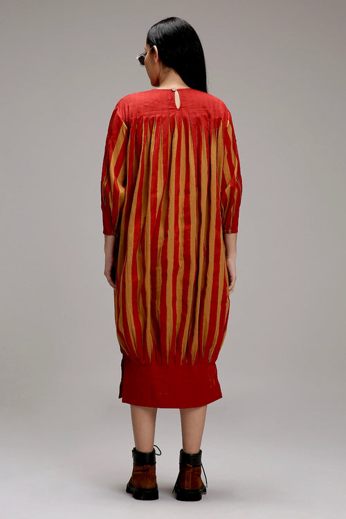 Tan-Brown Red Striped Balloon Dress