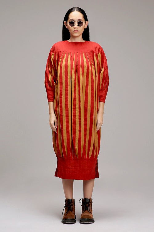 Tan-Brown Red Striped Balloon Dress