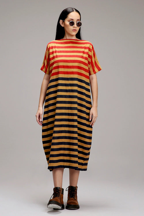 Tan-Brown Red And Blue Dual Striped Dress