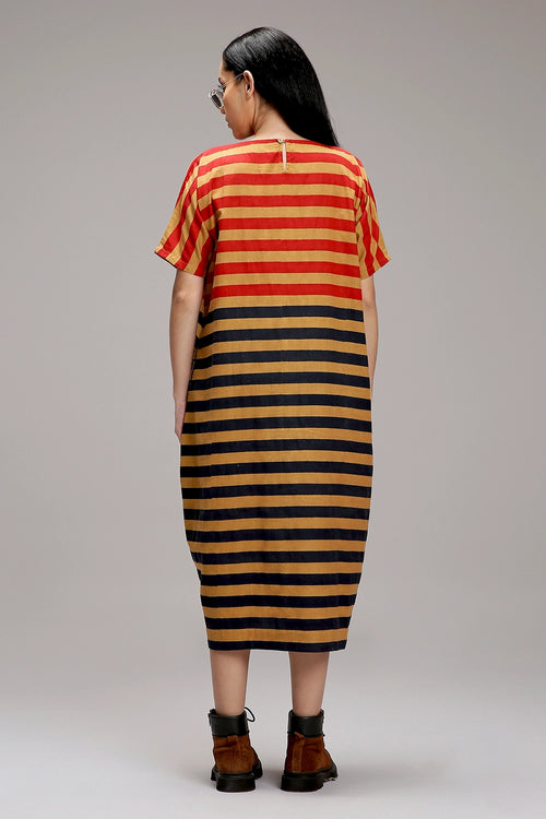 Tan-Brown Red And Blue Dual Striped Dress