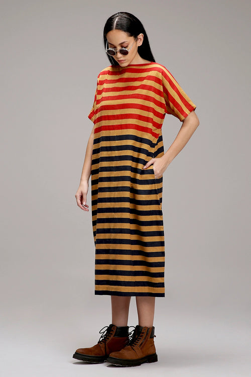 Tan-Brown Red And Blue Dual Striped Dress