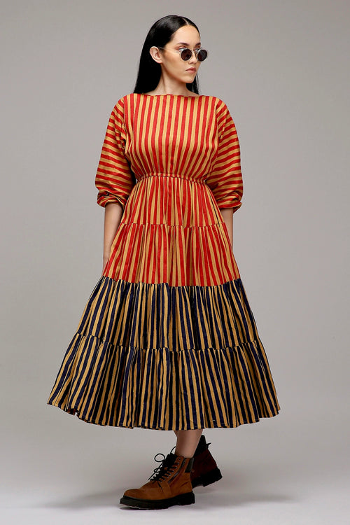 Tan-Brown Red And Blue Striped Tiered Dress