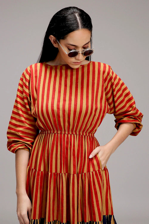 Tan-Brown Red And Blue Striped Tiered Dress