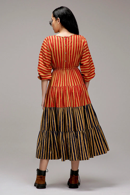 Tan-Brown Red And Blue Striped Tiered Dress