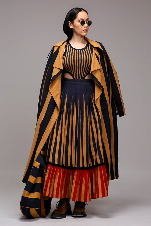 Tan-Brown Trench Bodysuit Dual Striped Skirt Set (3 PCS)