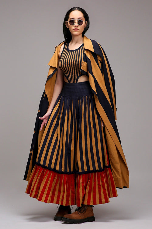 Tan-Brown Trench Bodysuit Dual Striped Skirt Set (3 PCS)