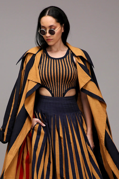 Tan-Brown Trench Bodysuit Dual Striped Skirt Set (3 PCS)