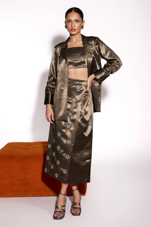 Dusky Olive Embroidered Long Skirt