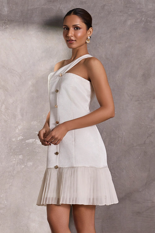 Ivory Gajji Silk One Shoulder Dress With Pleated Organza Bottom