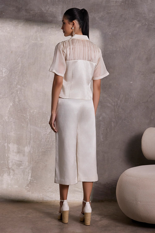 Ivory Fabric Block Collared Top With Ivory Gajji Silk Gaucho Pants