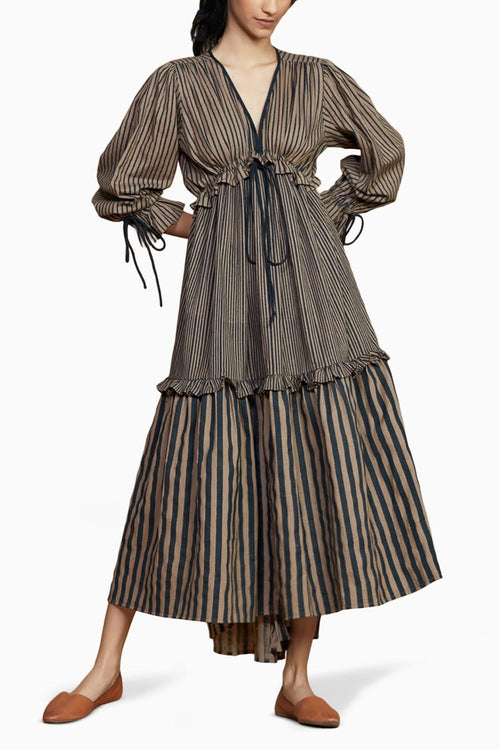 Brown Tiered Frill Brown Striped Dress