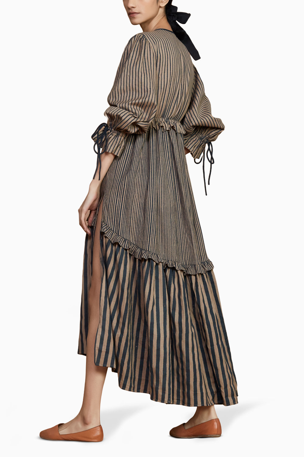 Brown Tiered Frill Brown Striped Dress