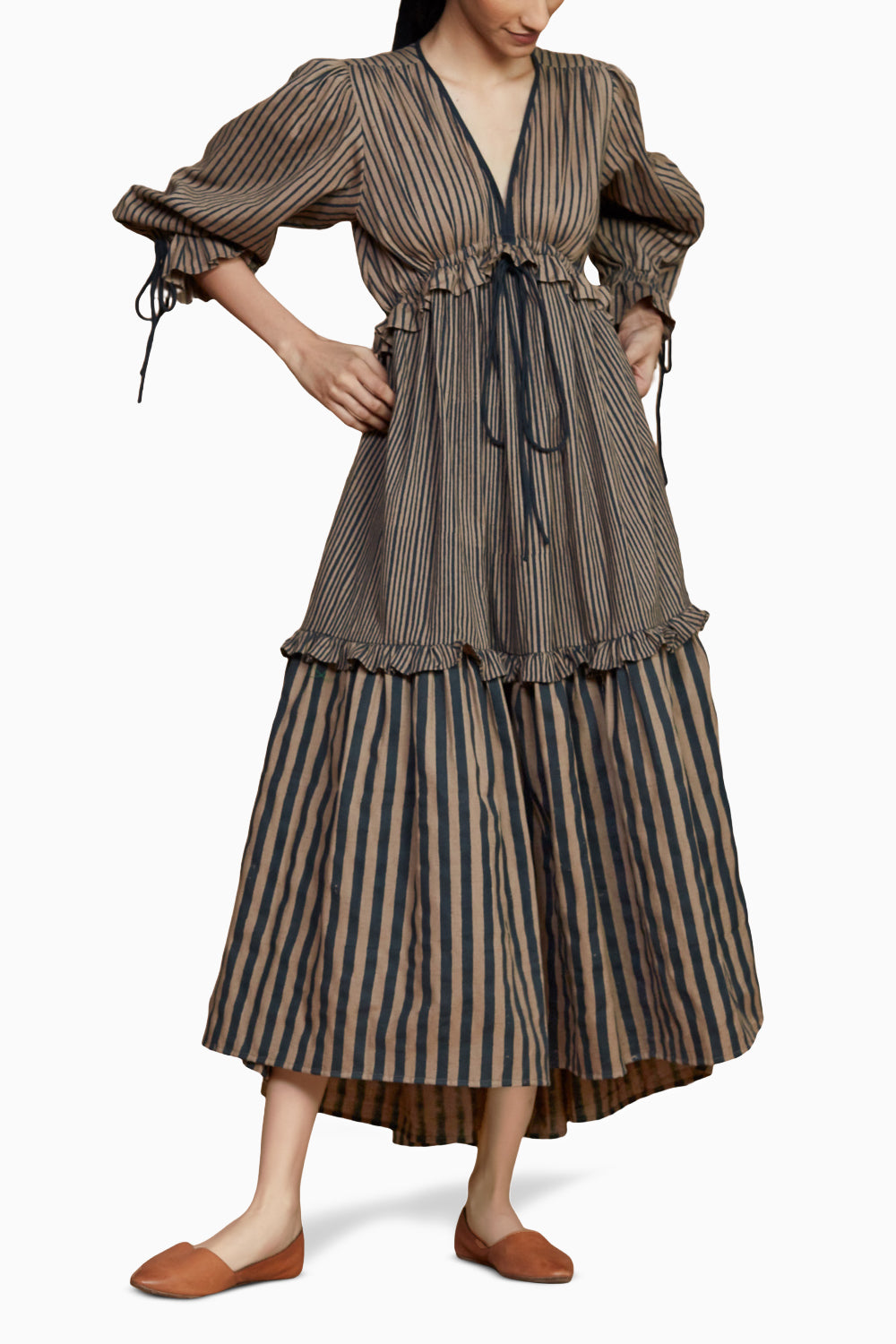 Brown Tiered Frill Brown Striped Dress