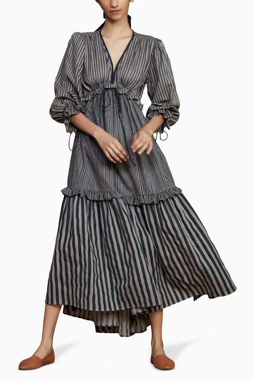 Grey Tiered Frill Grey Striped Dress