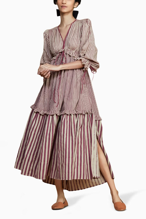 Pink Tiered Frill Mauve Striped Dress