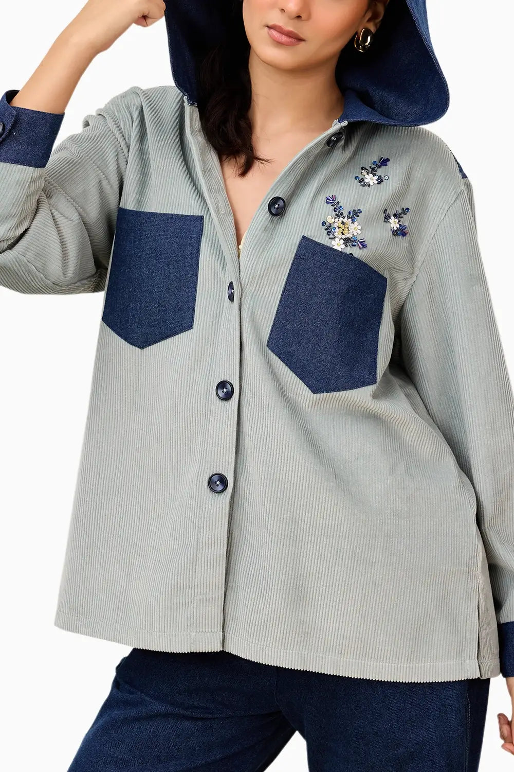 Two Tone Floral Corduroy Hoodie