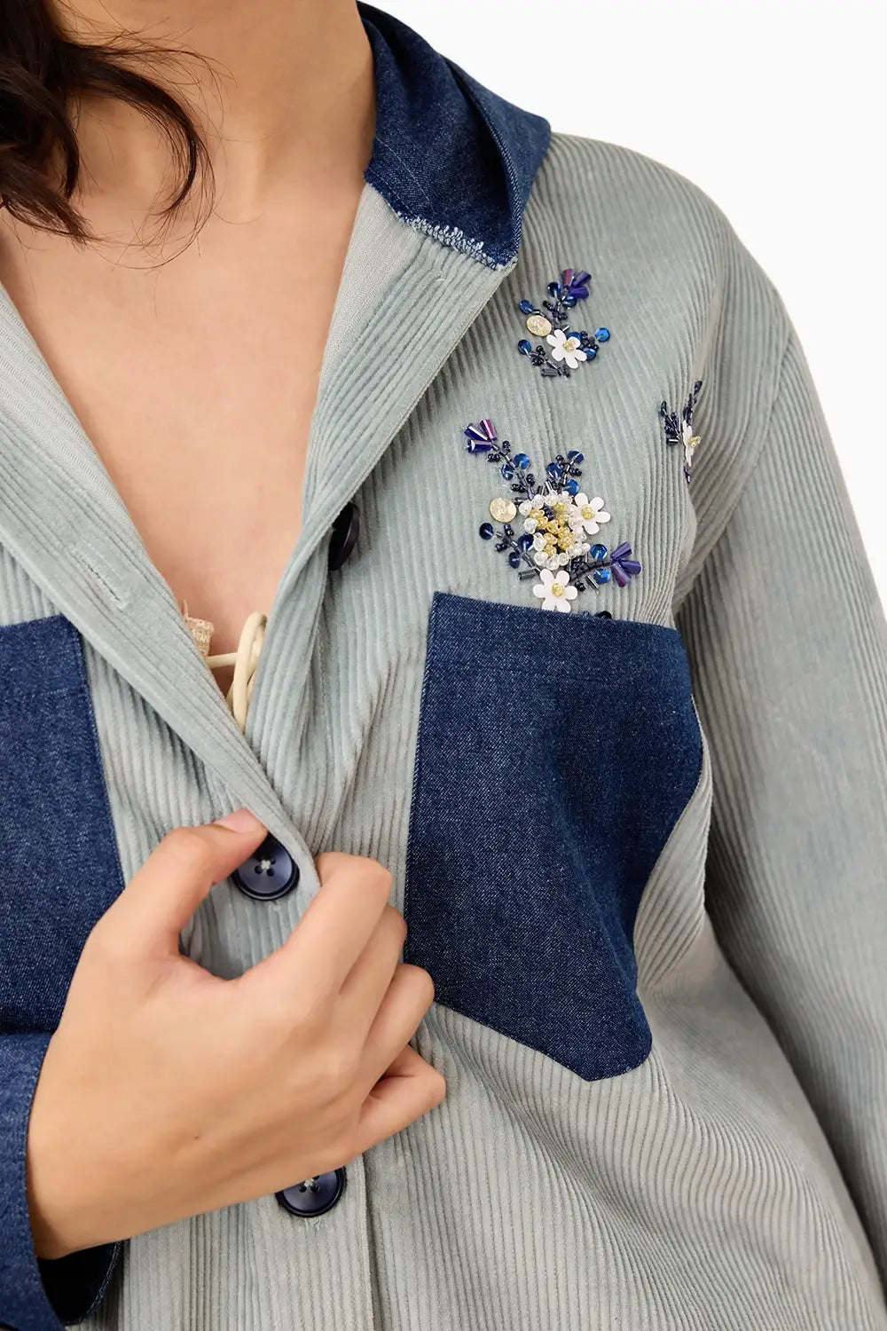 Two Tone Floral Corduroy Hoodie