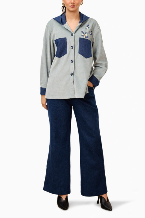 Two Tone Floral Corduroy Hoodie