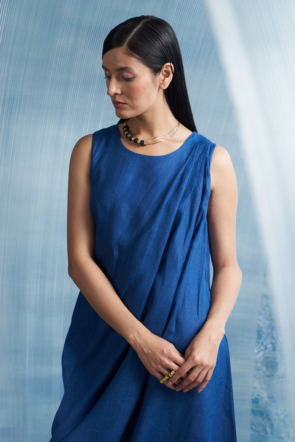 Aura Royal Blue Linen Drape Dress