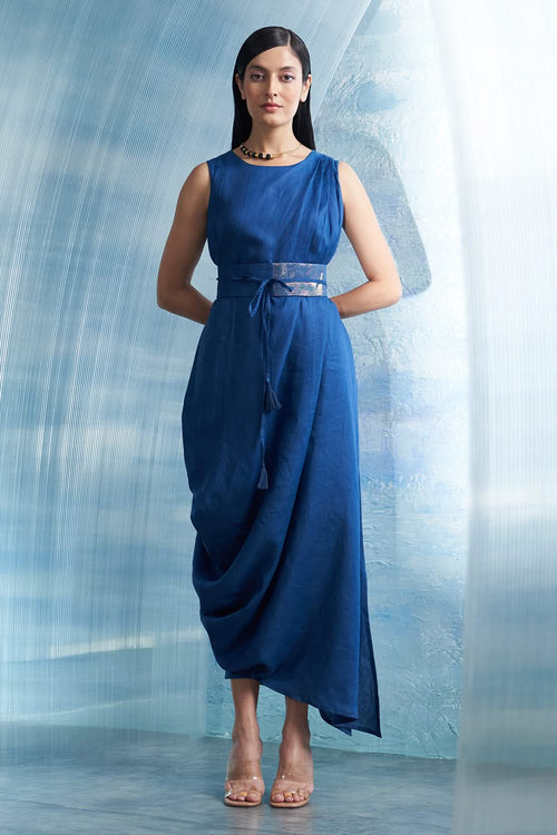 Aura Royal Blue Linen Drape Dress