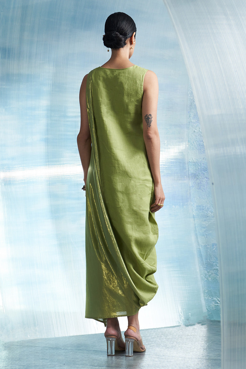 Aura Sheen Green Linen Drape Dress