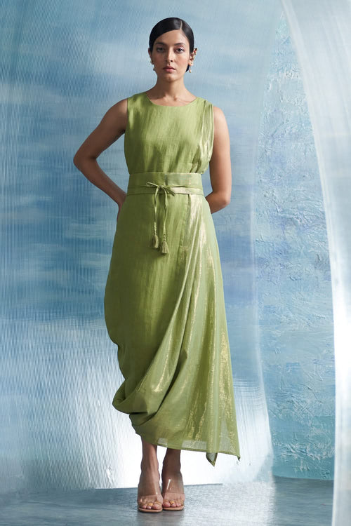 Aura Sheen Green Linen Drape Dress