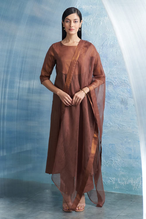 Woody Brown Round Yoke Kurta Set