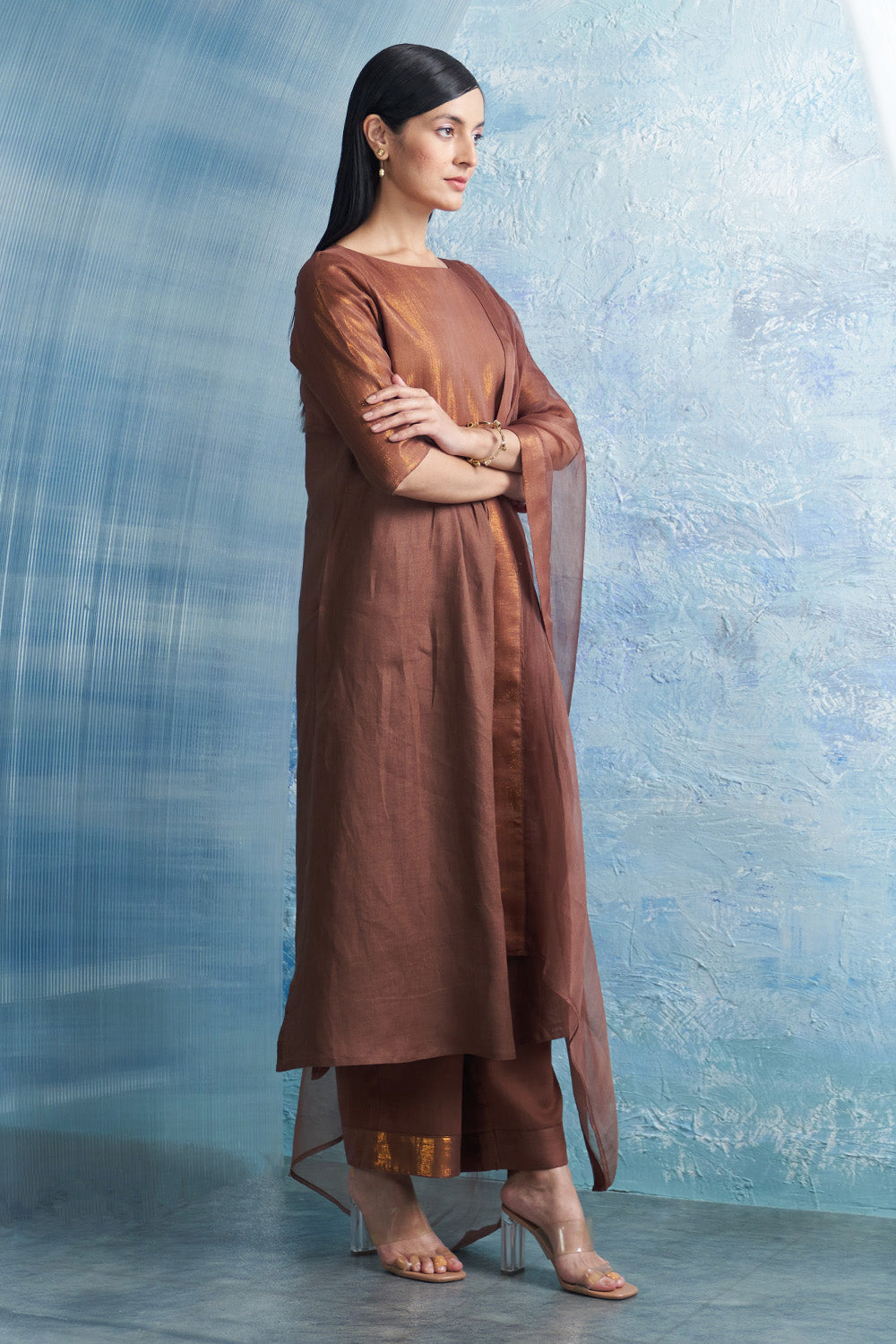 Woody Brown Round Yoke Kurta Set