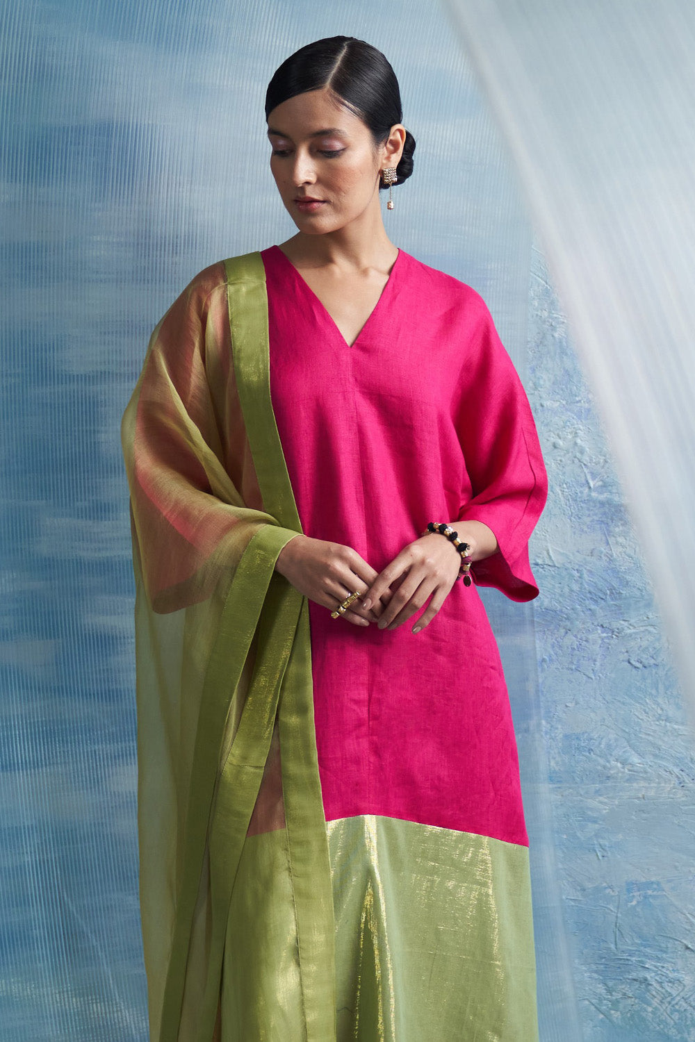 Aura Fuchsia Pink Asymmetric Kurta Set