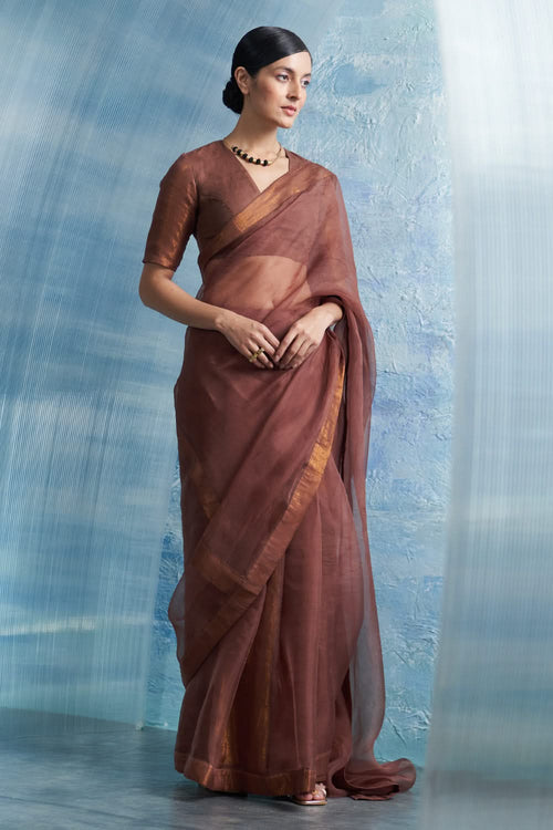 Aura Woody Brown Saree With-Sleeve Blouse