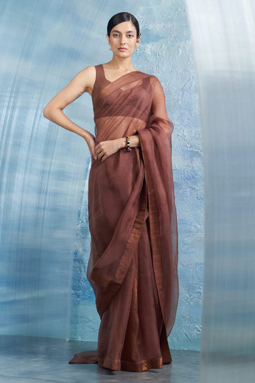 Aura Woody Brown Saree with Sleeveless Blouse