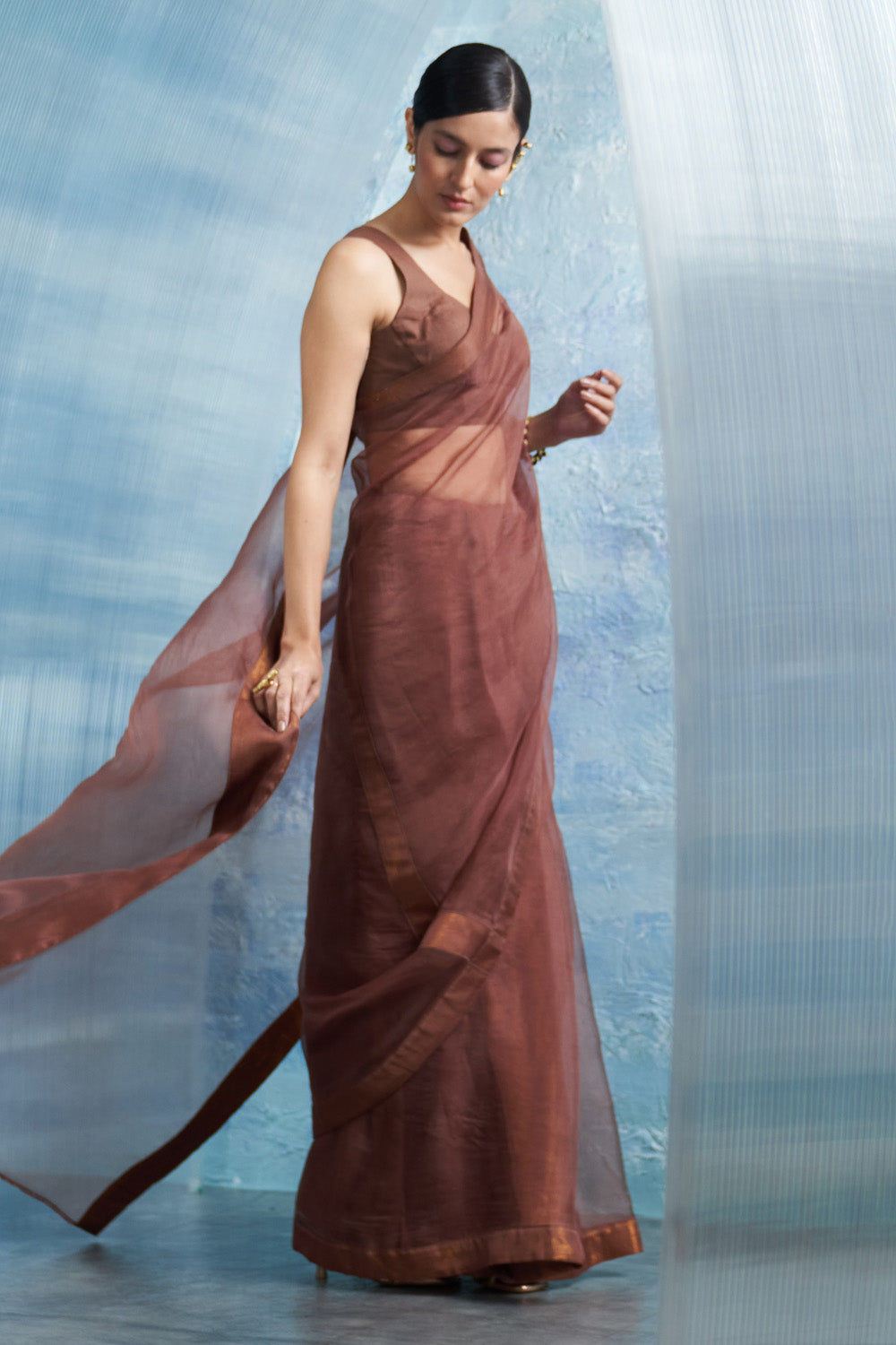 Aura Woody Brown Saree with Sleeveless Blouse