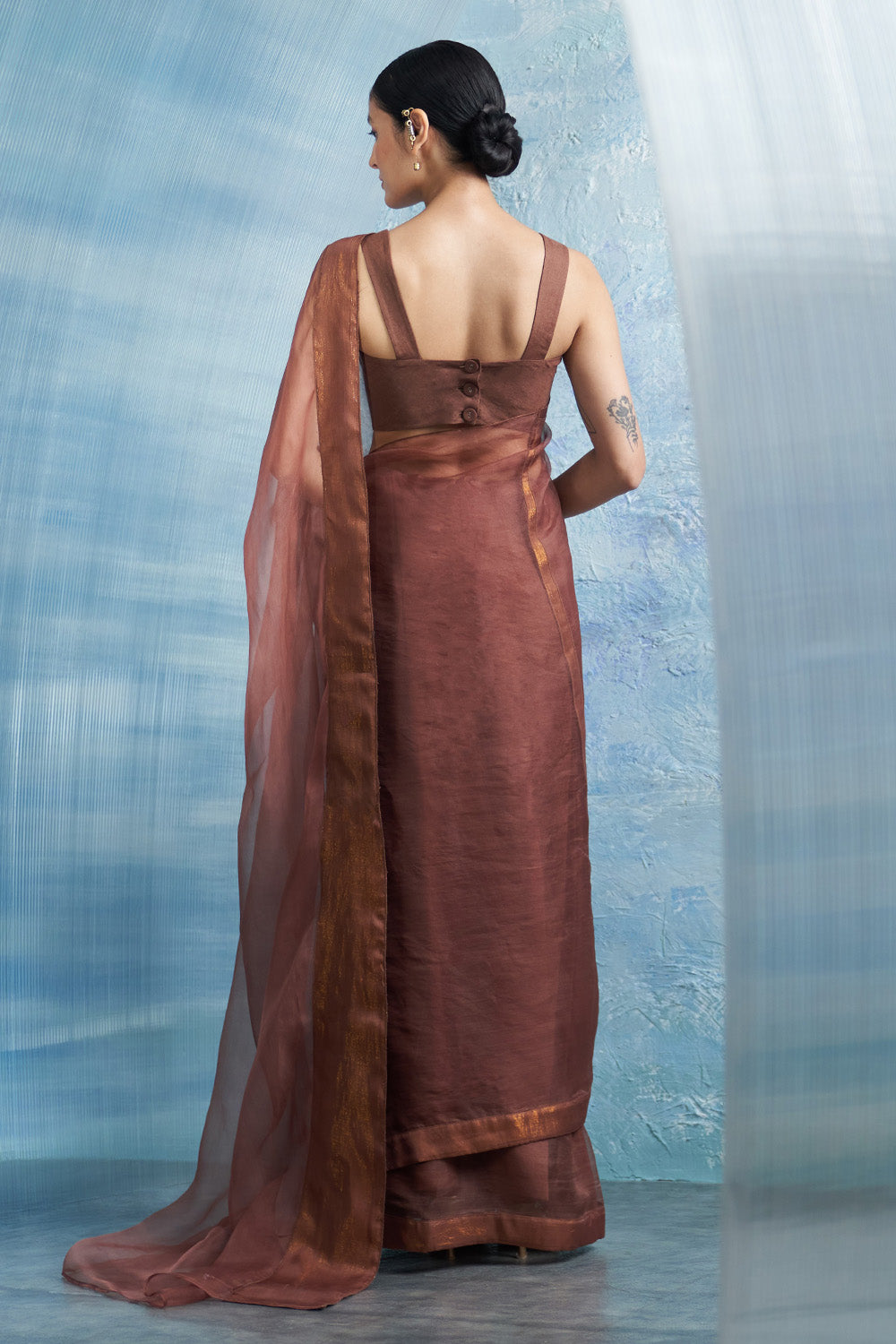 Aura Woody Brown Saree with Sleeveless Blouse