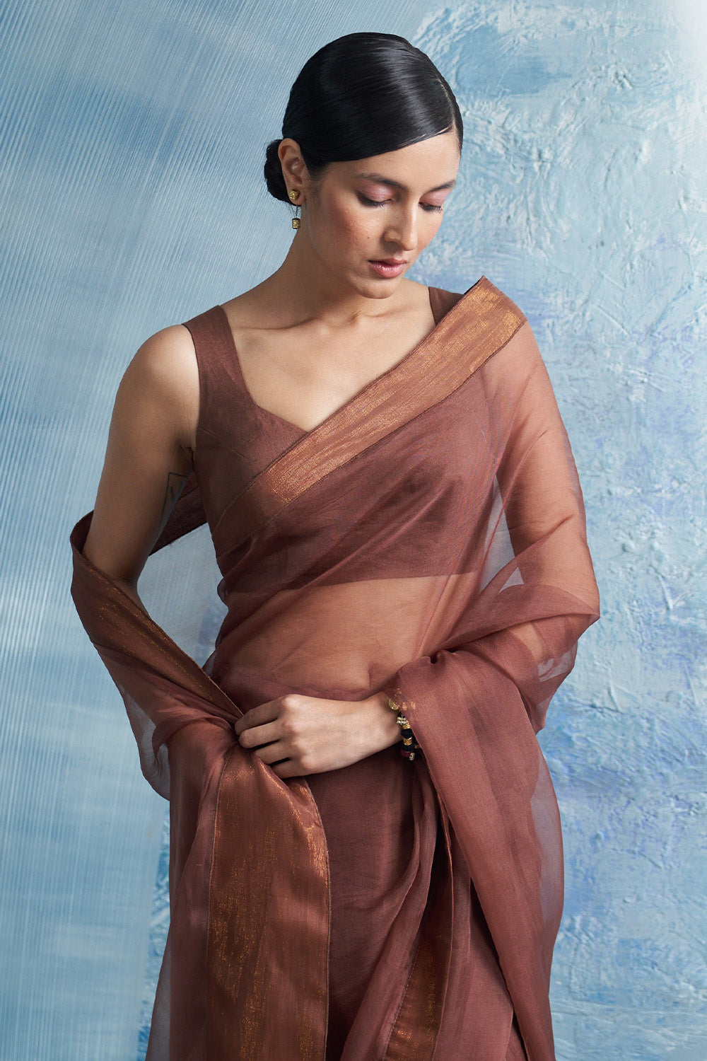 Aura Woody Brown Saree with Sleeveless Blouse