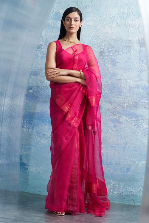 Fuchsia Pink Organza Saree with Blouse