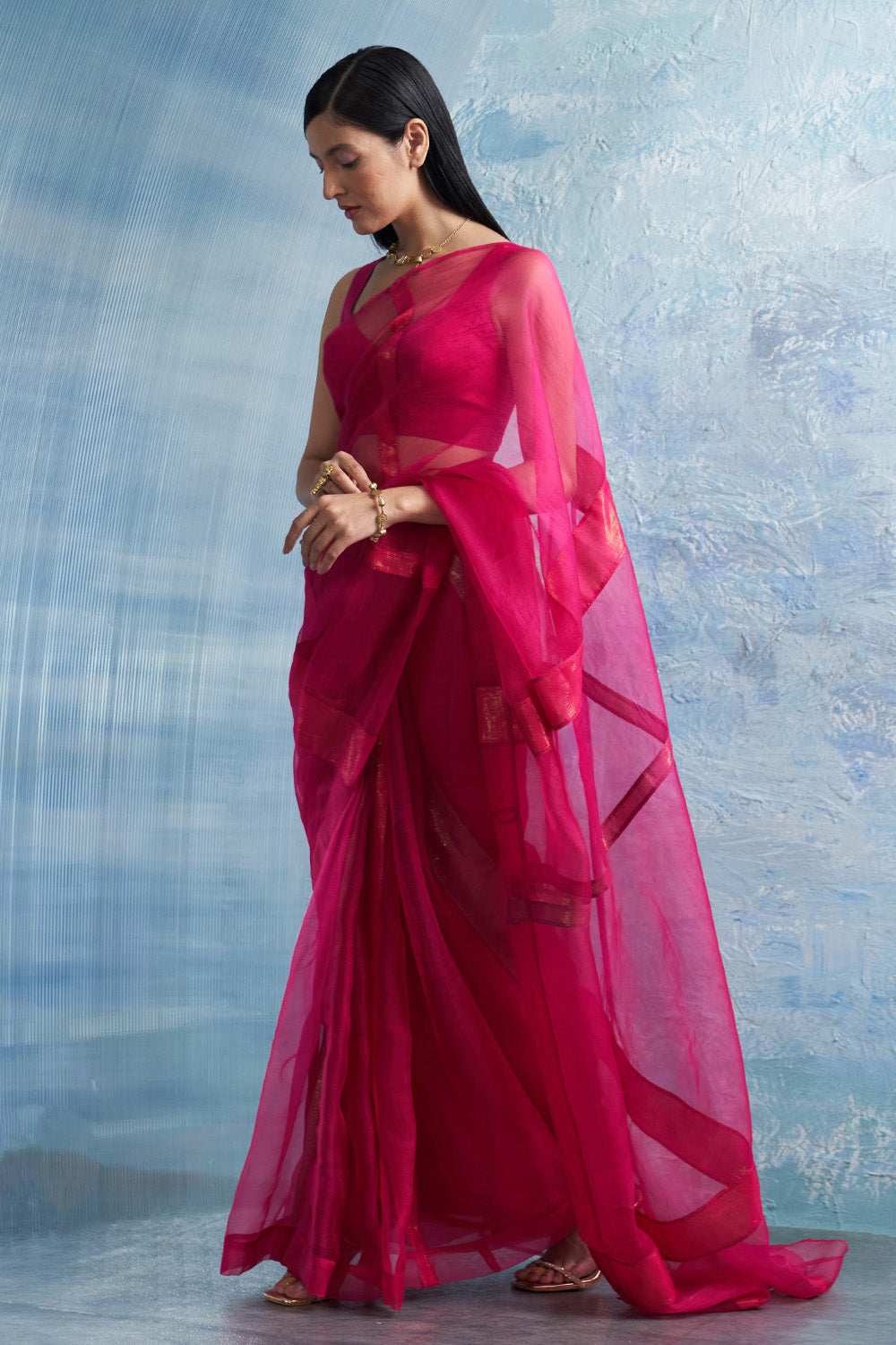 Fuchsia Pink Organza Saree with Blouse