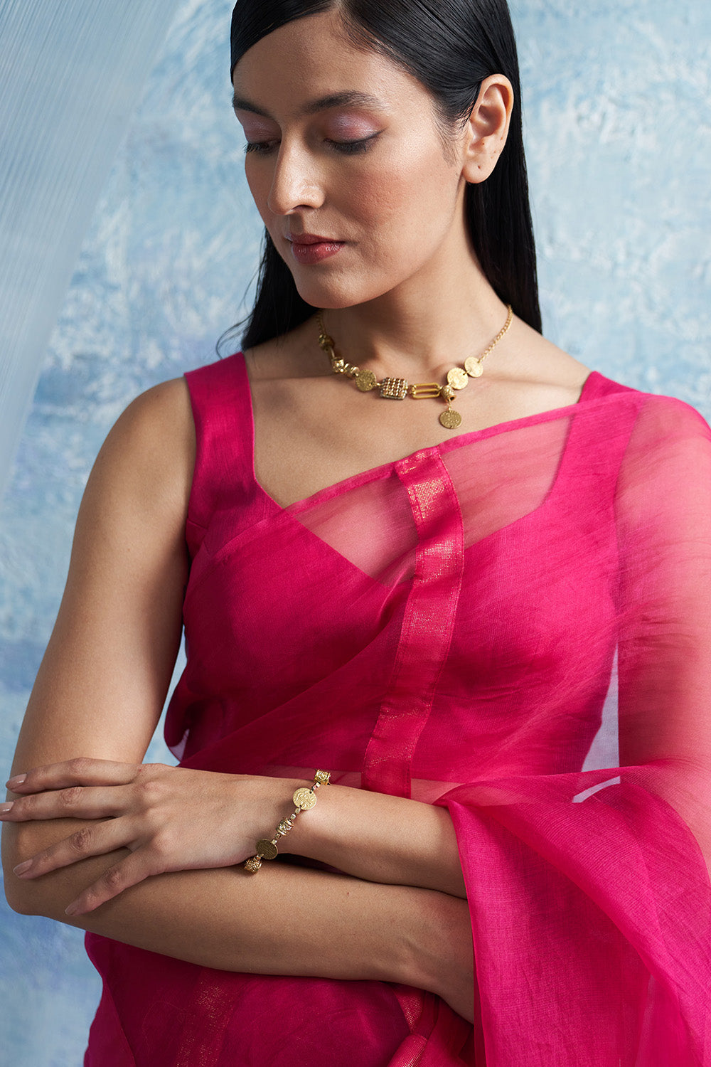 Fuchsia Pink Organza Saree with Blouse