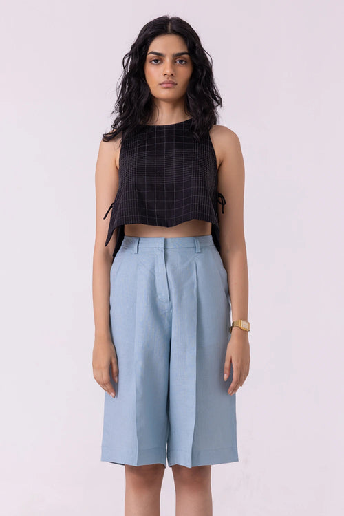 March Blue Linen Pleated Shorts