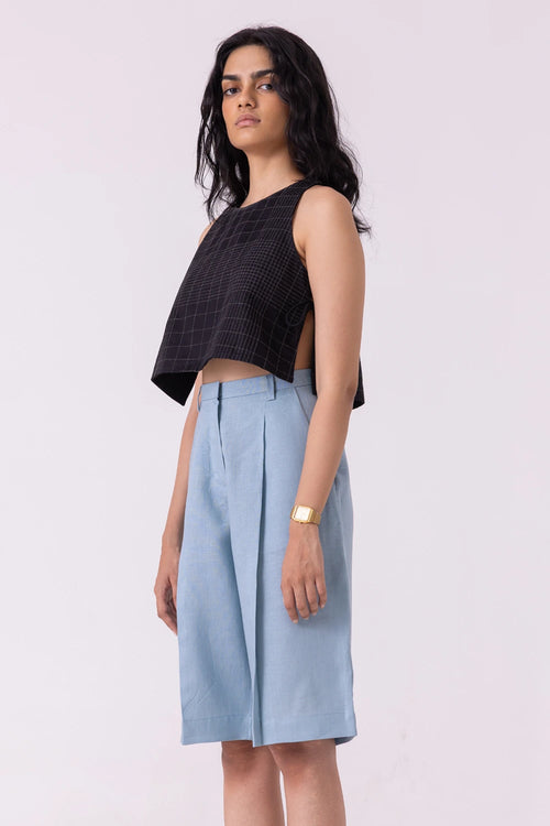 March Blue Linen Pleated Shorts