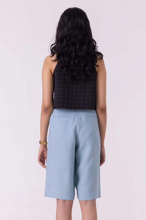 March Blue Linen Pleated Shorts
