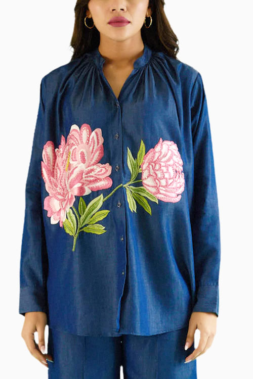 Denim Peony Gathered Embroidered Shirt