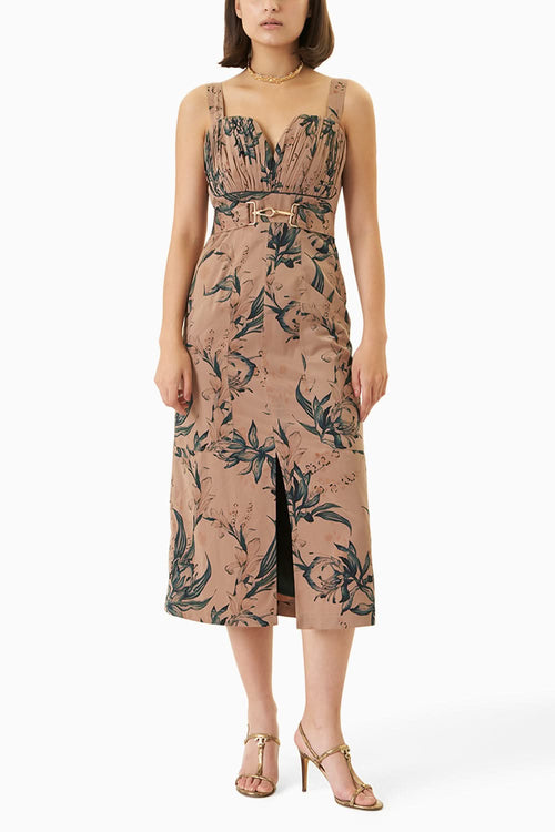 Teal And Fawn Floral Print Ruched Bodice Midi Dress