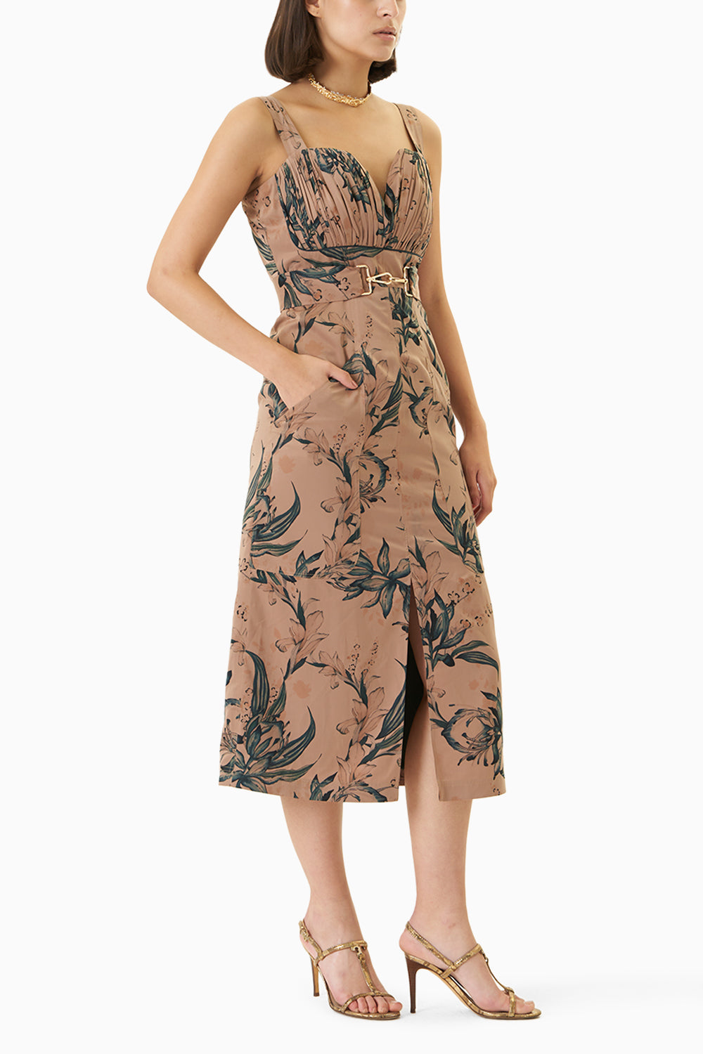 Teal And Fawn Floral Print Ruched Bodice Midi Dress