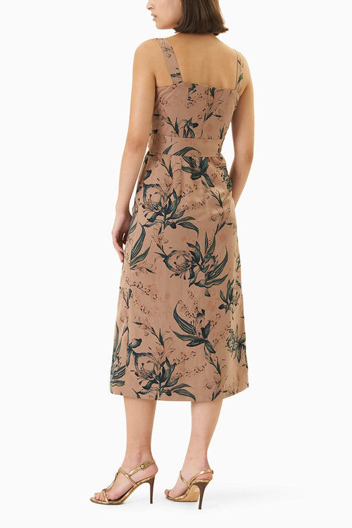 Teal And Fawn Floral Print Ruched Bodice Midi Dress