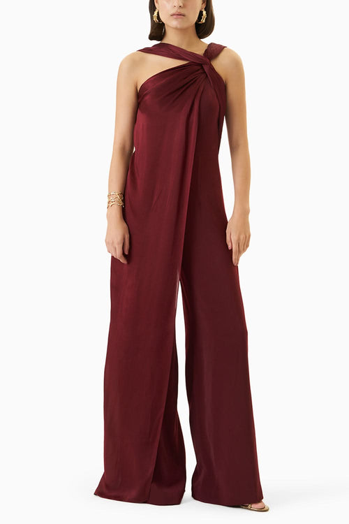 Jewel Toned Bias Twist Draped Jumpsuit